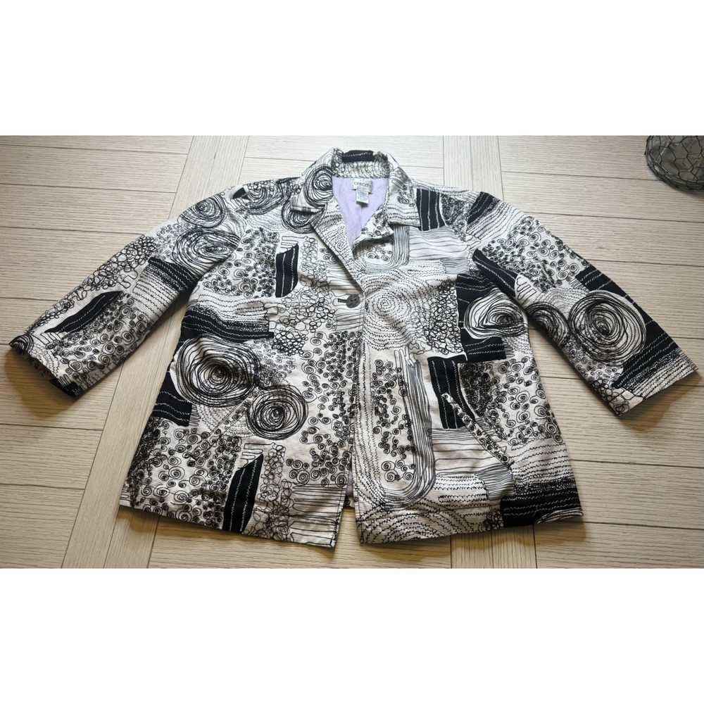 Chico's Women (1, M) Black White Eldora Embroidered Lined Blazer Jacket 1 Button